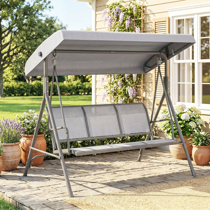 Outsunny 3 Seater Swing Chair, Garden Swing Bench with Adjustable Tilting Canopy, Breathable Mesh Seat and Heavy Duty Steel Frame for Patio, Garden, Grey