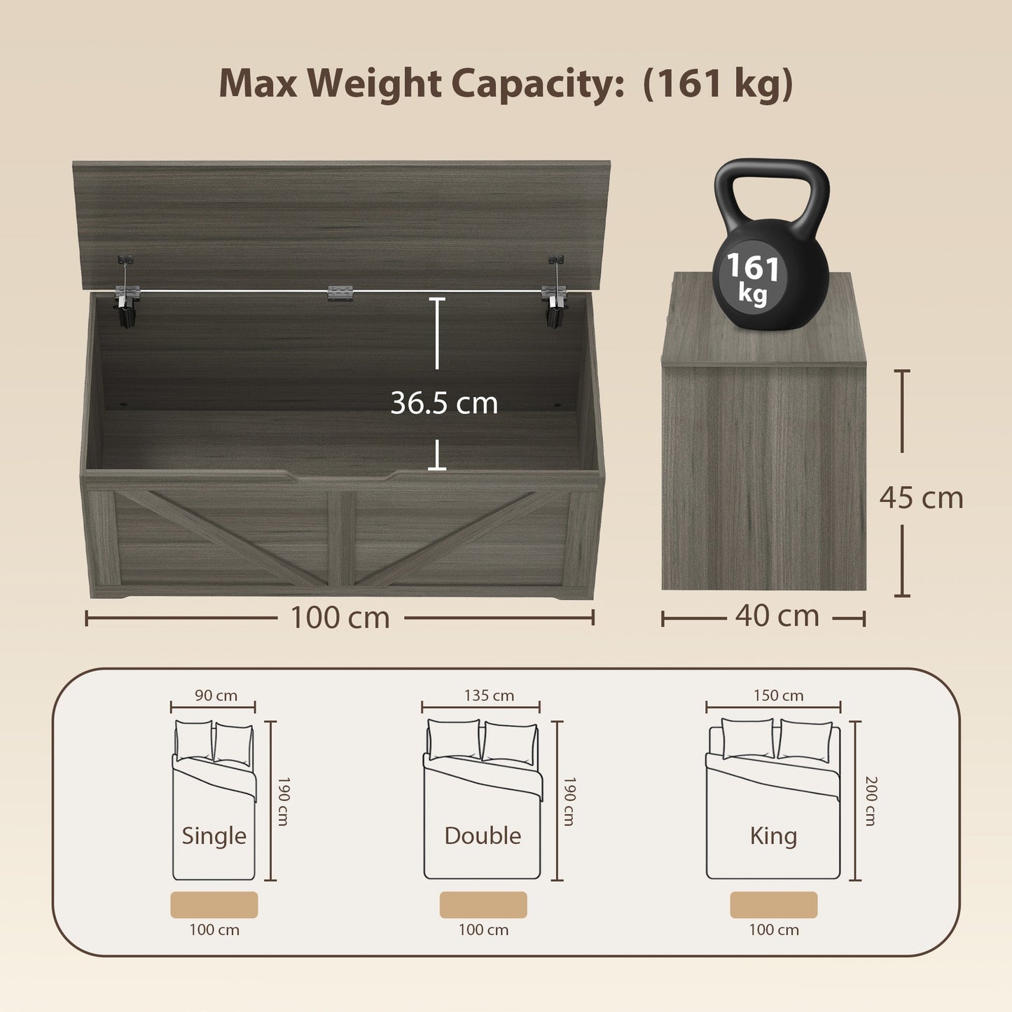 HOMCOM 127L Home Storage Box, with Safety Hinges - Dark Grey Wood-Effect