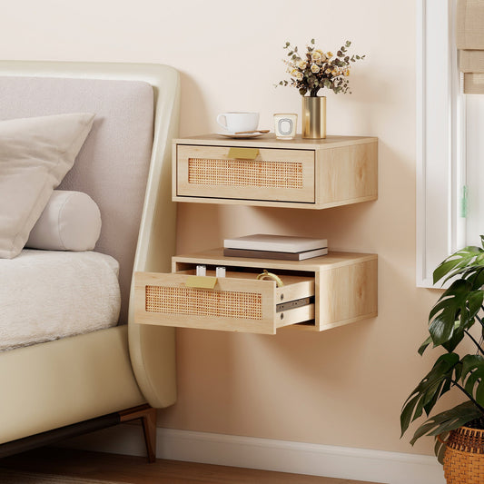 HOMCOM Floating Bedside Tables Set of 2, Wall Mounted Bedside Cabinets with Rattan Drawer and Wood Effect, Oak