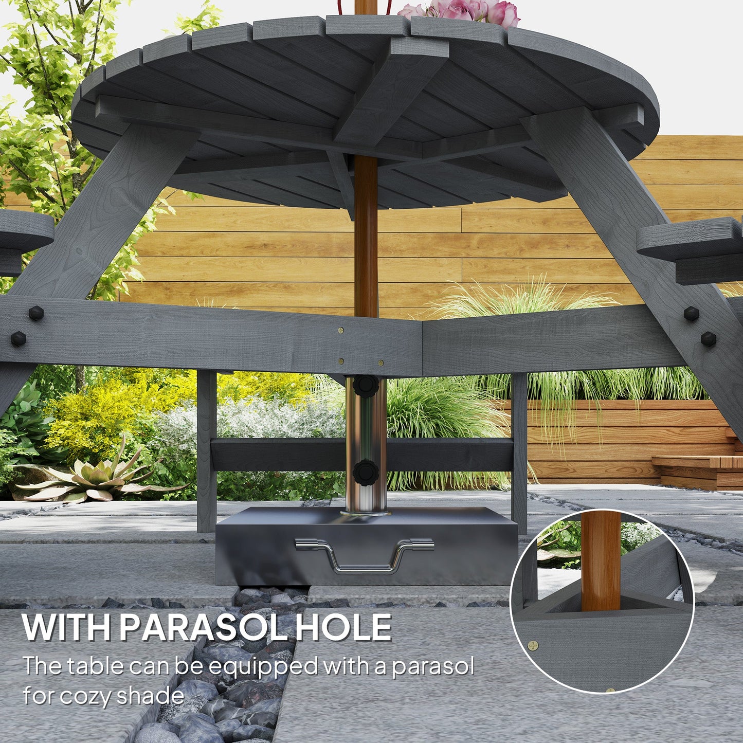 Outsunny Wooden Garden Dining Set, 6 Seater Round Dining Picnic Table with Matching Bench, Garden Furniture Set with Parasol Hole for Outdoor Patio Party and Family Gatherings, Grey