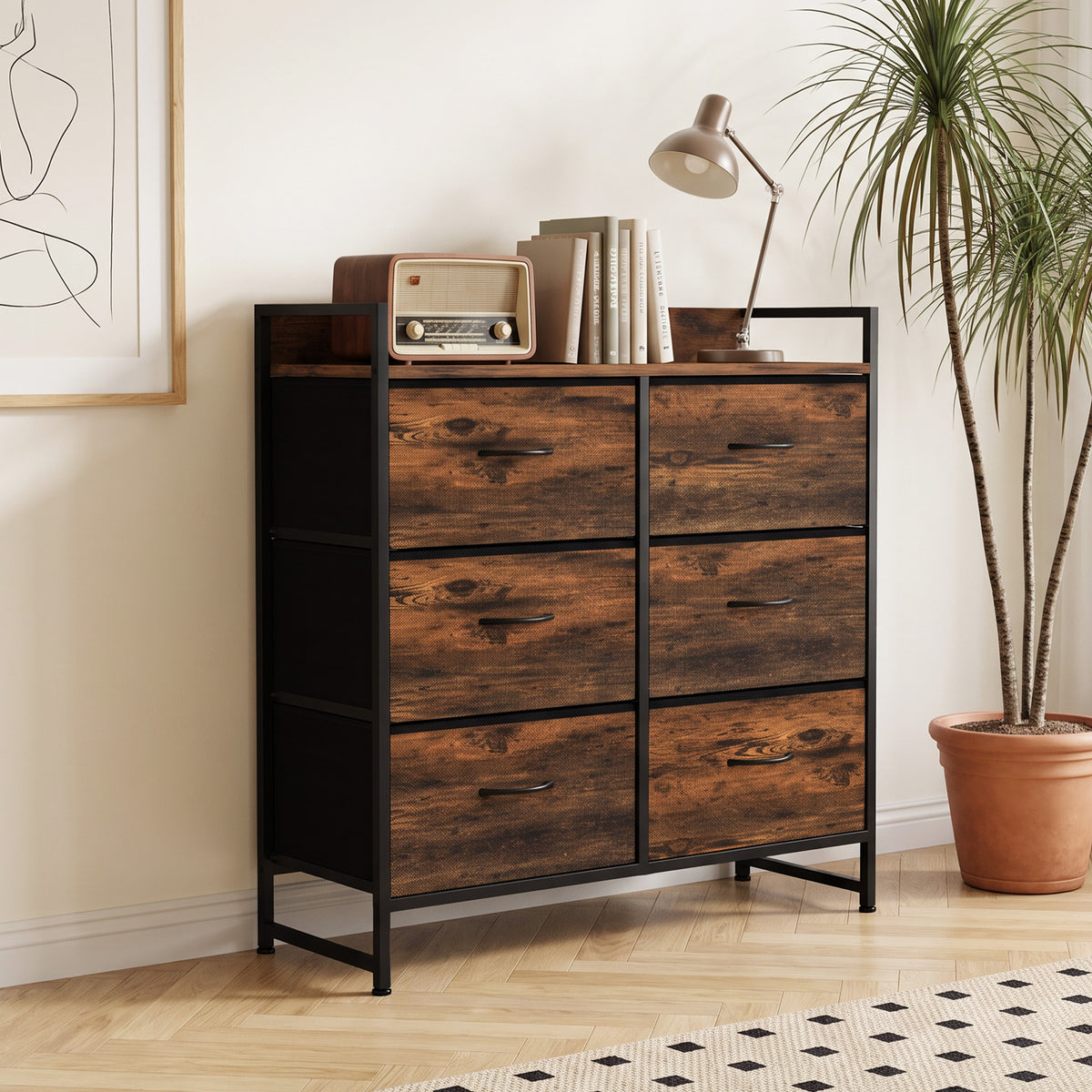 HOMCOM Rustic Chest of Six Fabric Drawers in Rustic Brown