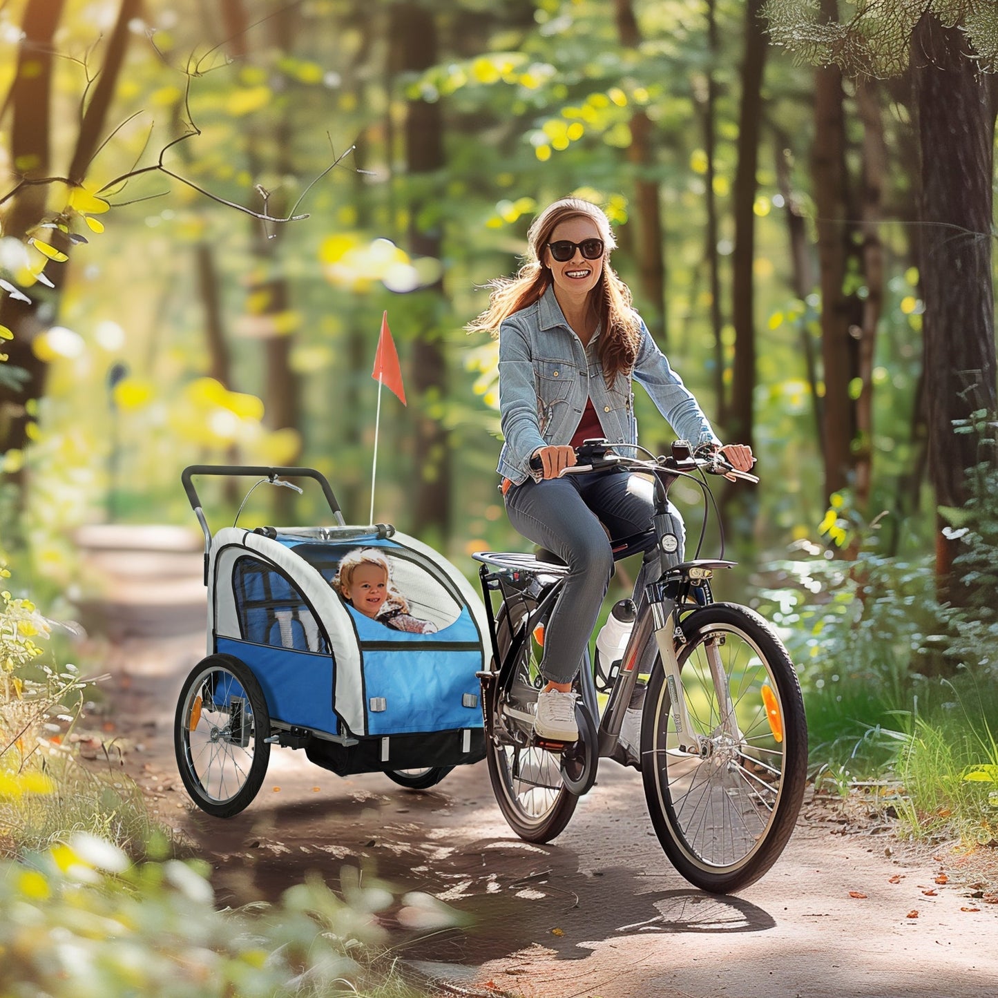 HOMCOM 2 Seat Bike Trailer with 5 Point Harness, Baby Bike Stroller with Safety Flag, Reflectors, for 18+ Months, Blue