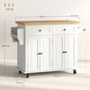 HOMCOM Rolling Kitchen Island Storage Trolley with Rubber Wood Top & Drawers for Dining Room, Cream White