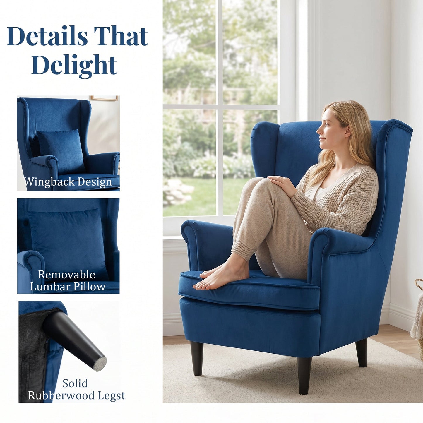 HOMCOM Modern Accent Chair with High Backrest and Pillow, Velvet-Feel Fabric Reading Chair with Solid Wood Legs, Blue