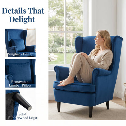 HOMCOM Modern Accent Chair with High Backrest and Pillow, Velvet-Feel Fabric Reading Chair with Solid Wood Legs, Blue