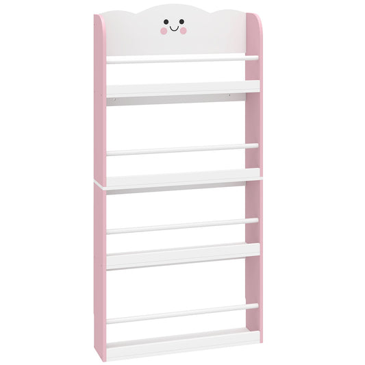 AIYAPLAY 4 Tier Kids Bookshelf, Wall-Mounted Children Bookcase, Toddler Space-Saving Bookcase for Kids Room, Playroom, Pink