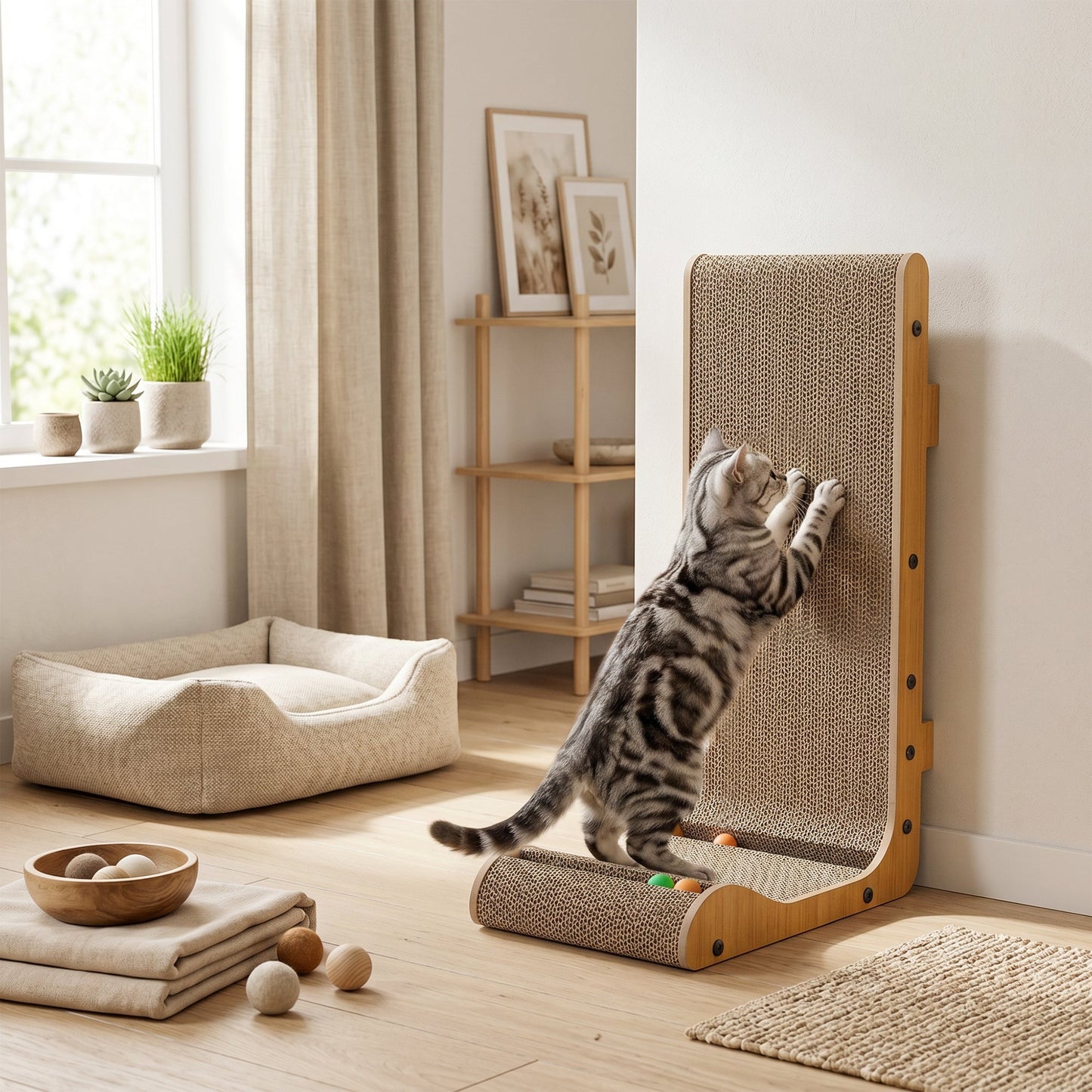 PawHut Cat Scratching Board Wall Mounted Cat Scratcher Corrugated 3 Toy Balls 39 x 23.5 x 57.5 cm Brown