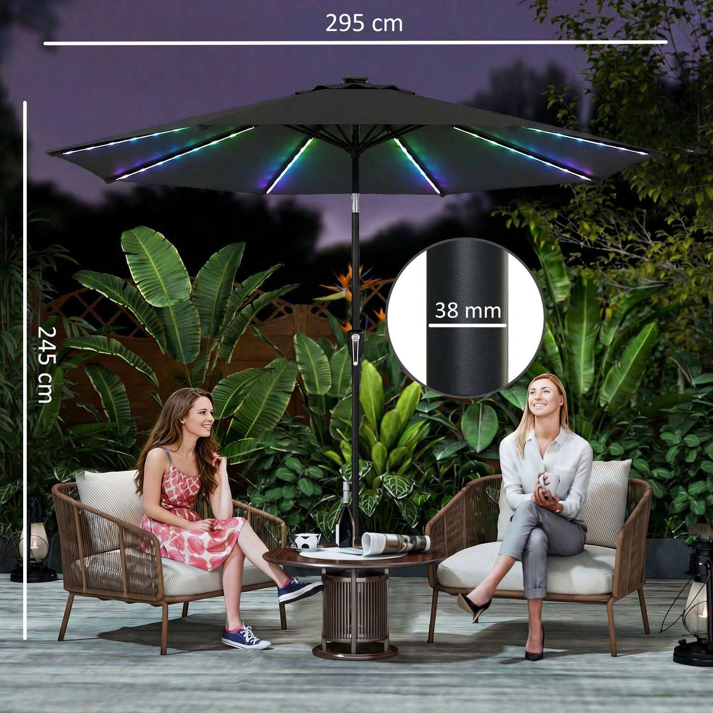 مظلة شمسية للحديقة 3 متر من Outsunny مع 112 مصباح LED يعمل بالطاقة الشمسية، مظلة فناء بمقبض تدوير، لون أسود