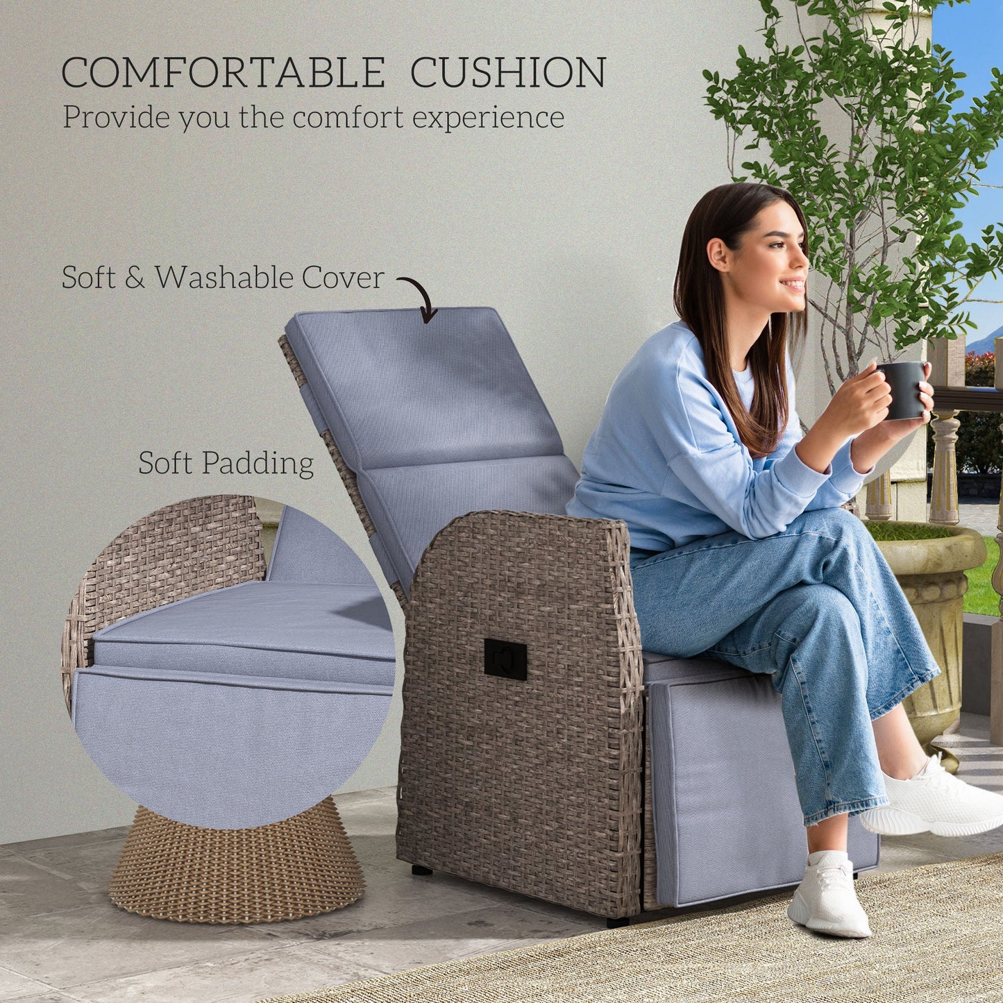 Outsunny 148° Reclining Rattan Garden Armchair, with Footrest - Brown/Grey