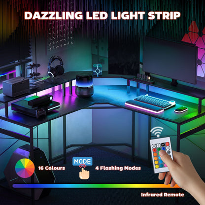 مكتب عمل على شكل حرف L من HOMCOM، مع أضواء LED - أسود
