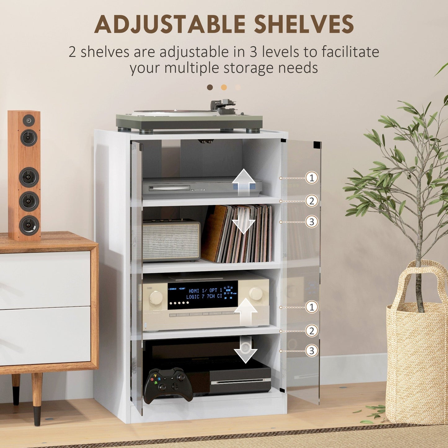 HOMCOM 4-Tier Hi-Fi Stand,  Record Player Stand with Adjustable Shelves and Push-to-Open Glass Doors, White Wood-Effect