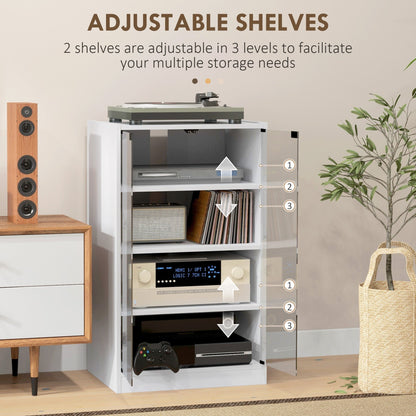 HOMCOM 4-Tier Hi-Fi Stand,  Record Player Stand with Adjustable Shelves and Push-to-Open Glass Doors, White Wood-Effect