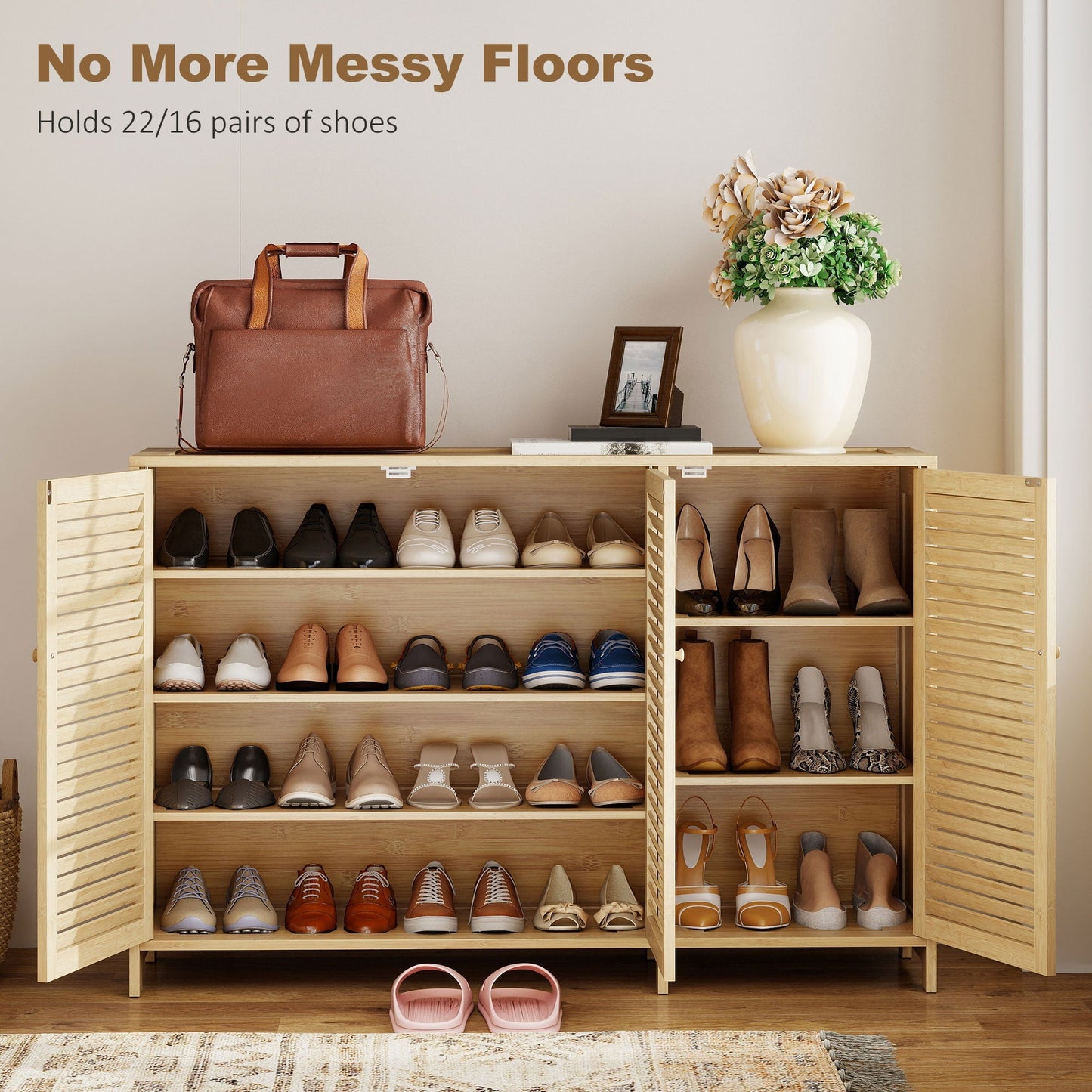 HOMCOM Bamboo Shoe Cabinet with Louvered Doors, 18 Pairs Shoe Storage Cabinet with Adjustable Shelves for Hallway, Natural