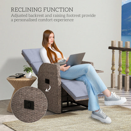 Outsunny 148° Reclining Rattan Garden Armchair, with Footrest - Brown/Grey