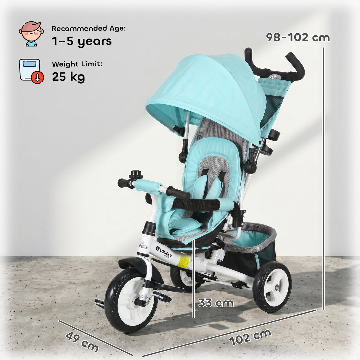HOMCOM 6 in 1 Kids Trike with Parent Handle in Green