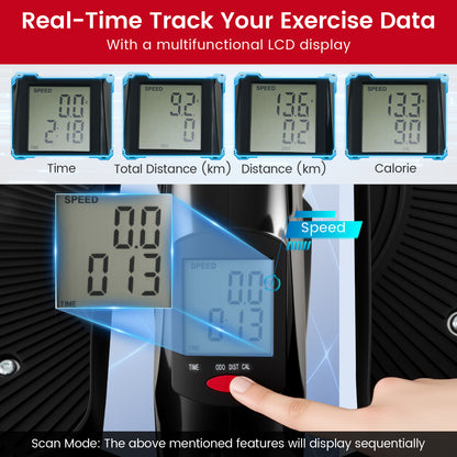 Screenshots showing the real-time workout data displayed on the exerciser's LCD screen