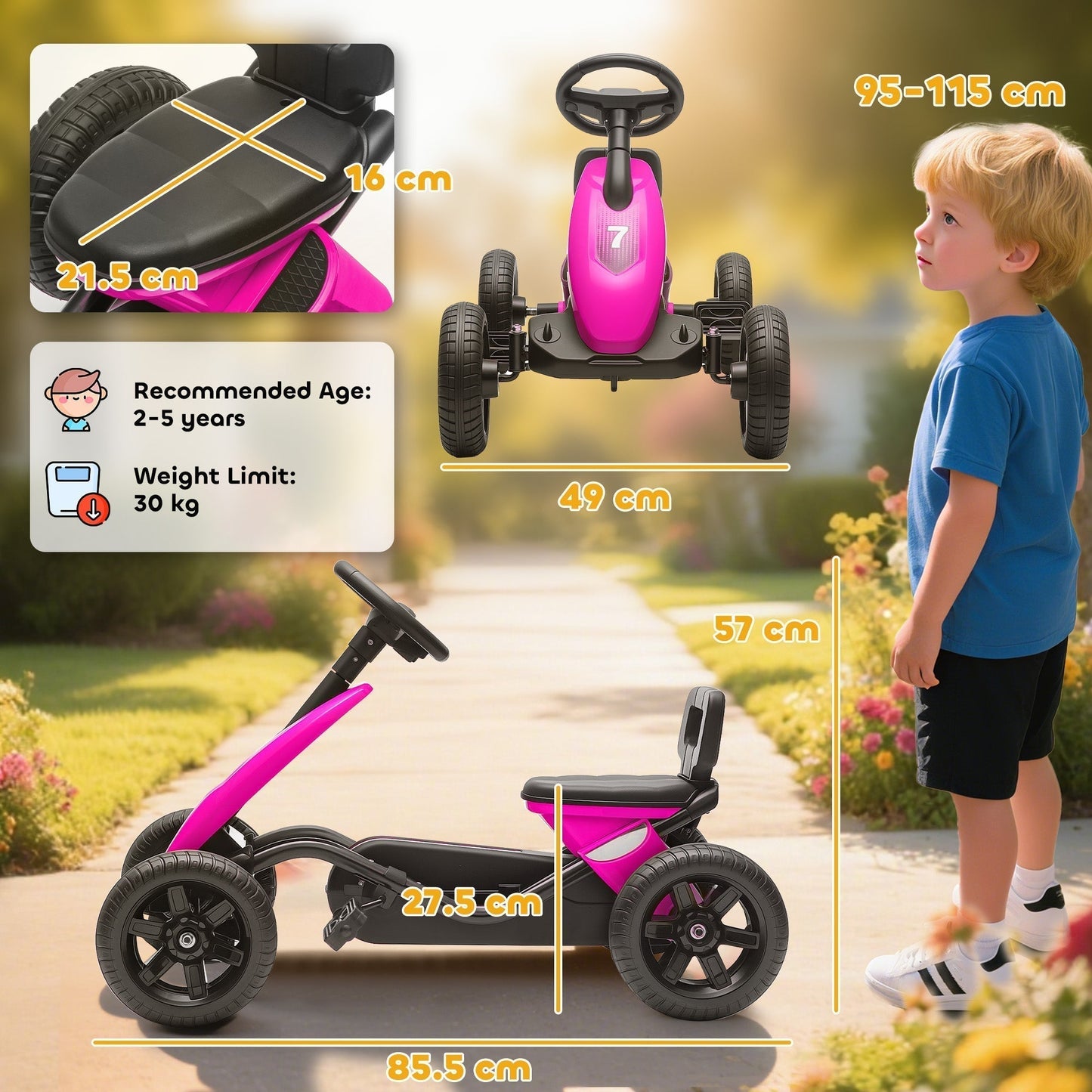 AIYAPLAY Pedal Go Kart for Kids 2-5 Years, with Silent EVA Wheels, Metal Frame, Pink