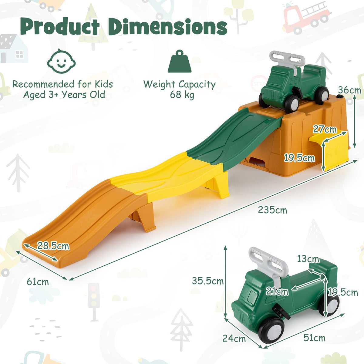 The ride on toy shown with various measurements and dimensions on a white background