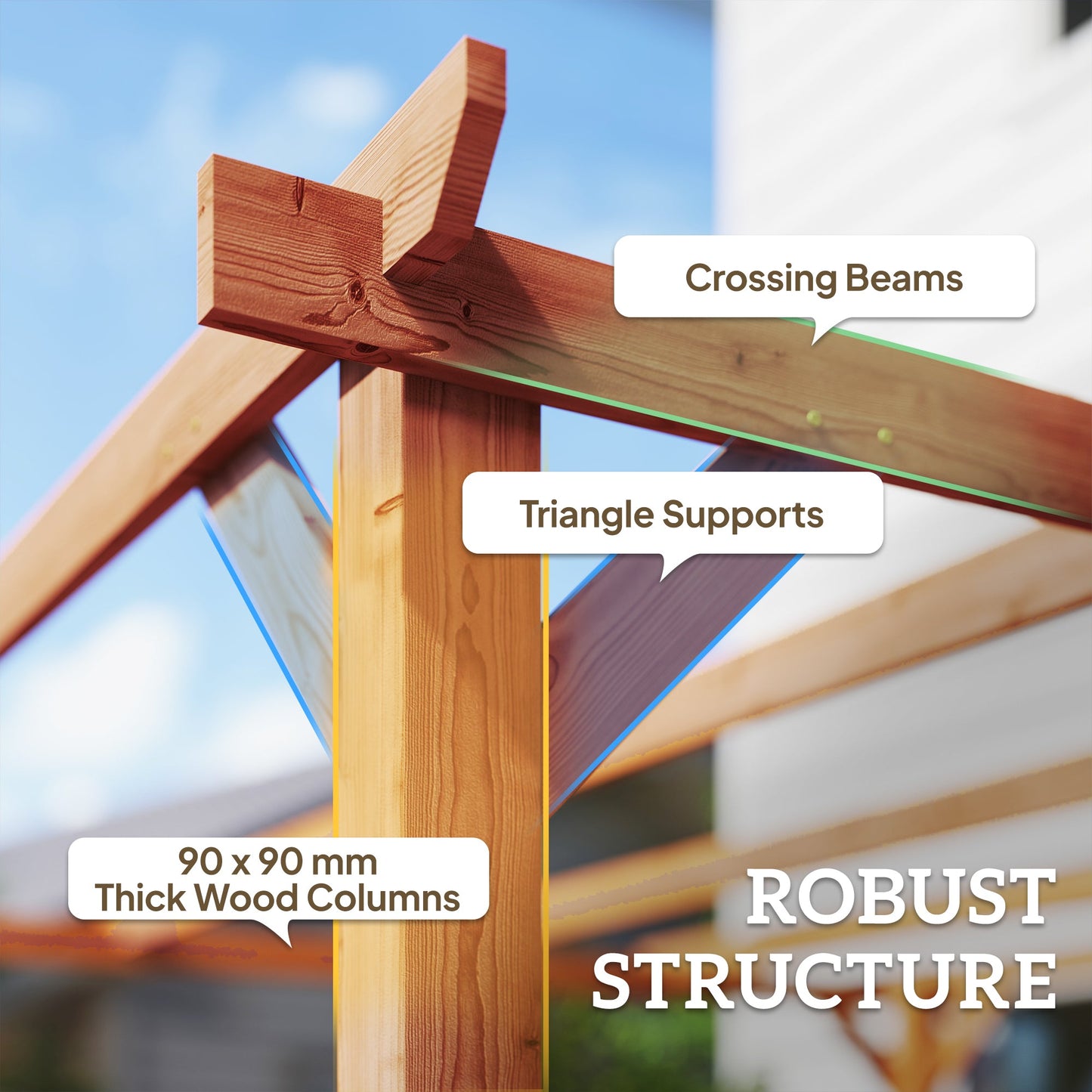 Outsunny 3 x 3 m Wooden Pergola Kit, Garden Pergola Gazebo Grape Trellis with Triangle Supports, 5 Beams, Maple Wood-effect