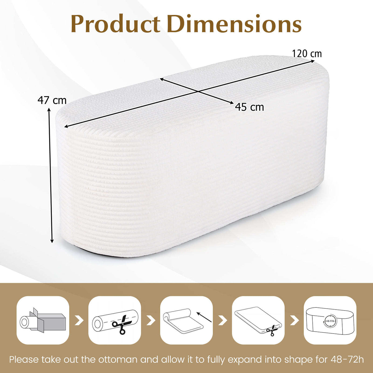 Upholstered Ottoman Bench 120CM Modern End of Bed Stool with Corduroy Fabric-White