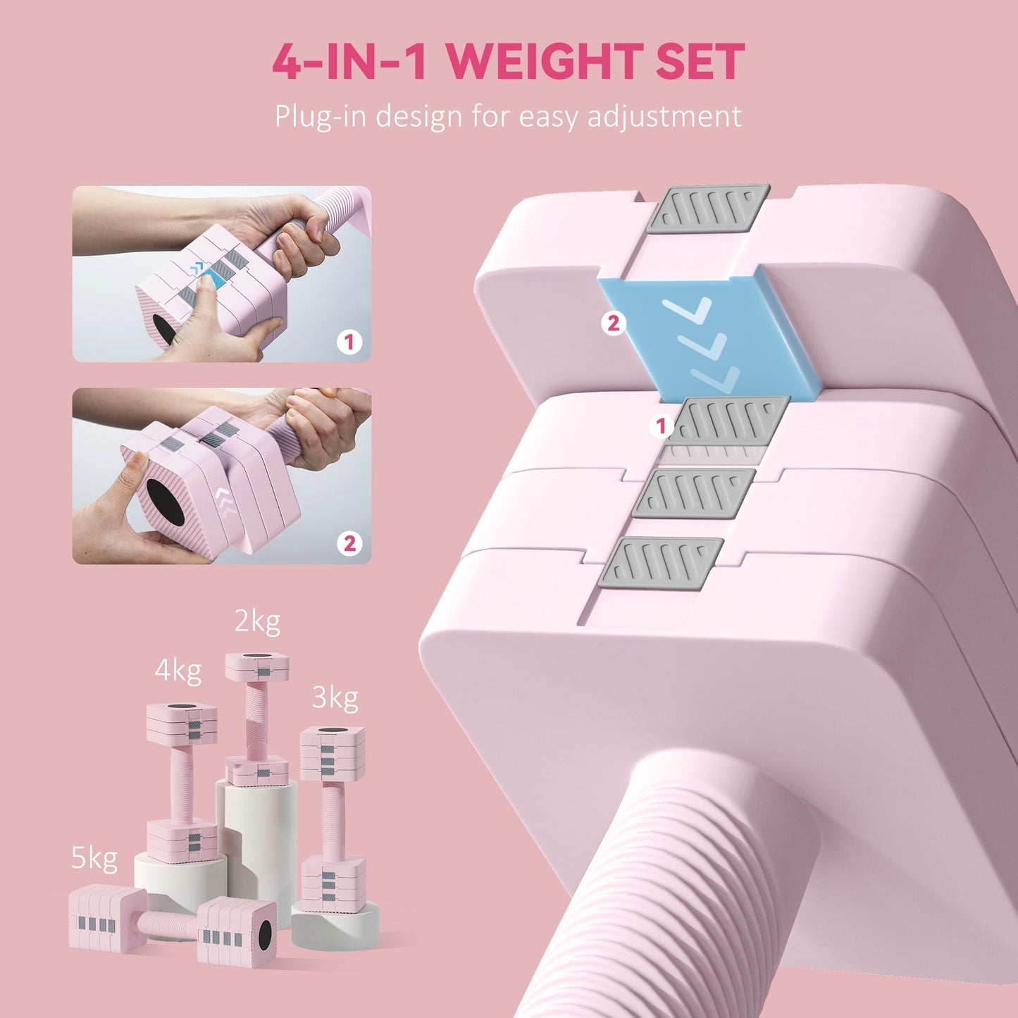 SPORTNOW Adjustable Dumbbell Set of 2, Each 1/2/3/4/5 kg Weight, 5-in-1 Weights Dumbbells Set with Non-Slip Handle, Pink