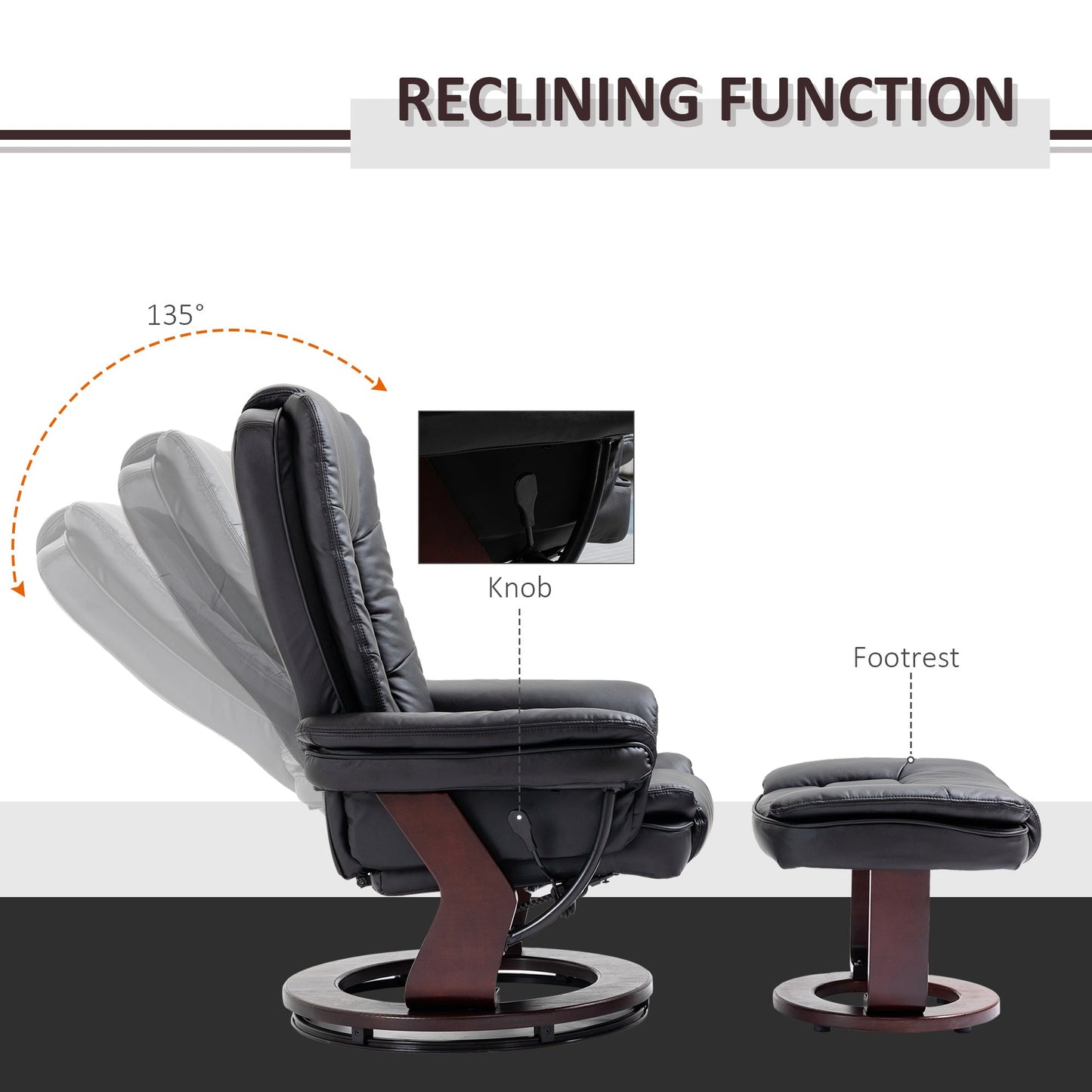 HOMCOM Recliner Chair With footstool, Recliner Armchair up to 130kg Weight Capacity, 135 degrees Reclining Swivel Sofa Chair, PU Leather Ergonomic Couch Bed with Swivel Wood Base for Living Room, Black