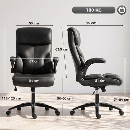 HOMCOM Office Chair, 180kg Heavy Duty PU Leather Computer Desk Chair with Flip-Up Armrests, Wide Seat, Spring Cushion, Black
