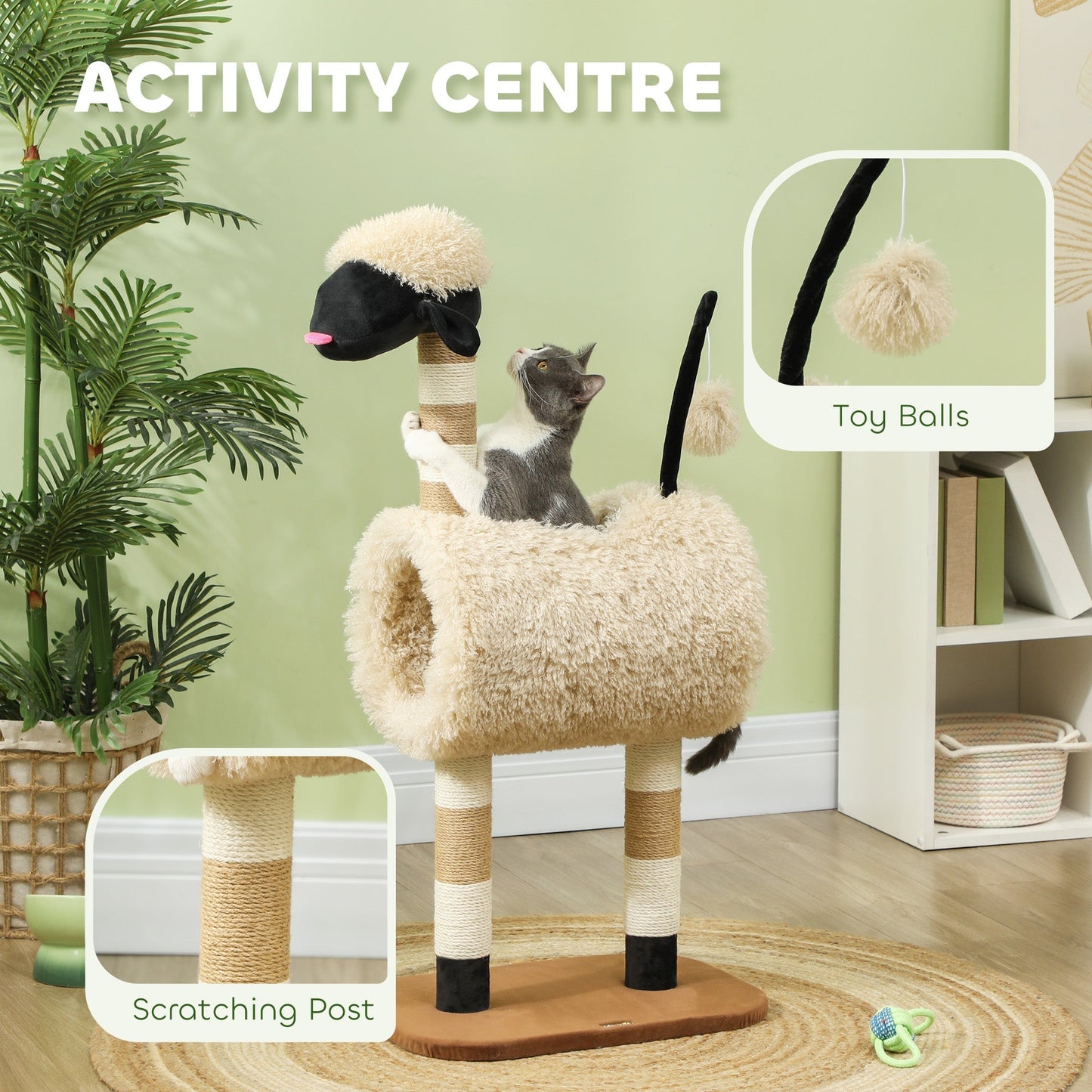 PawHut Cat Tree Sheep Design, 98 cm Multi-Level Cat Tower with Scratching Posts, Tunnel & Play Ball, Light Brown