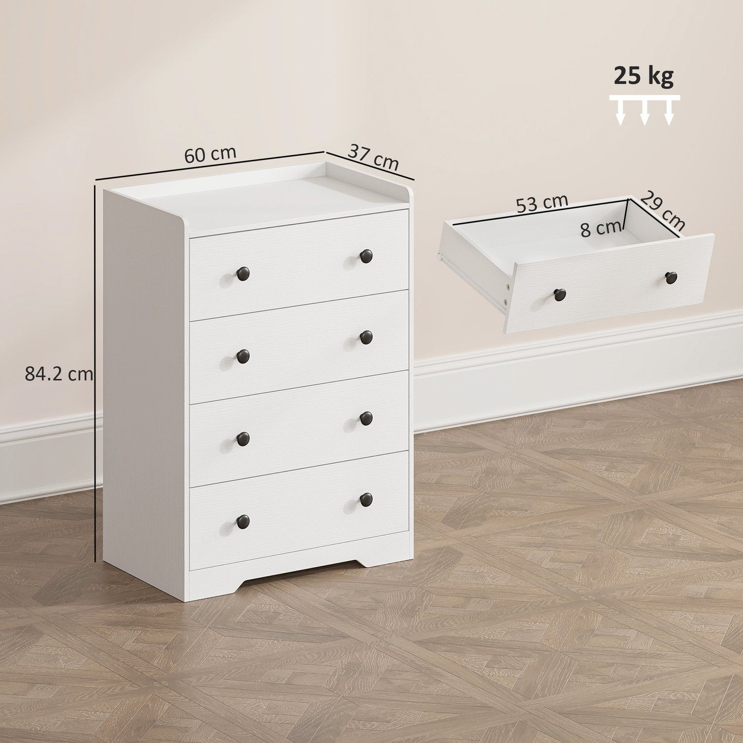 HOMCOM 4 Drawer Chest of Drawers, Modern Dresser for Bedroom, Storage Cabinet for Living Room Entryway, White Wood Effect