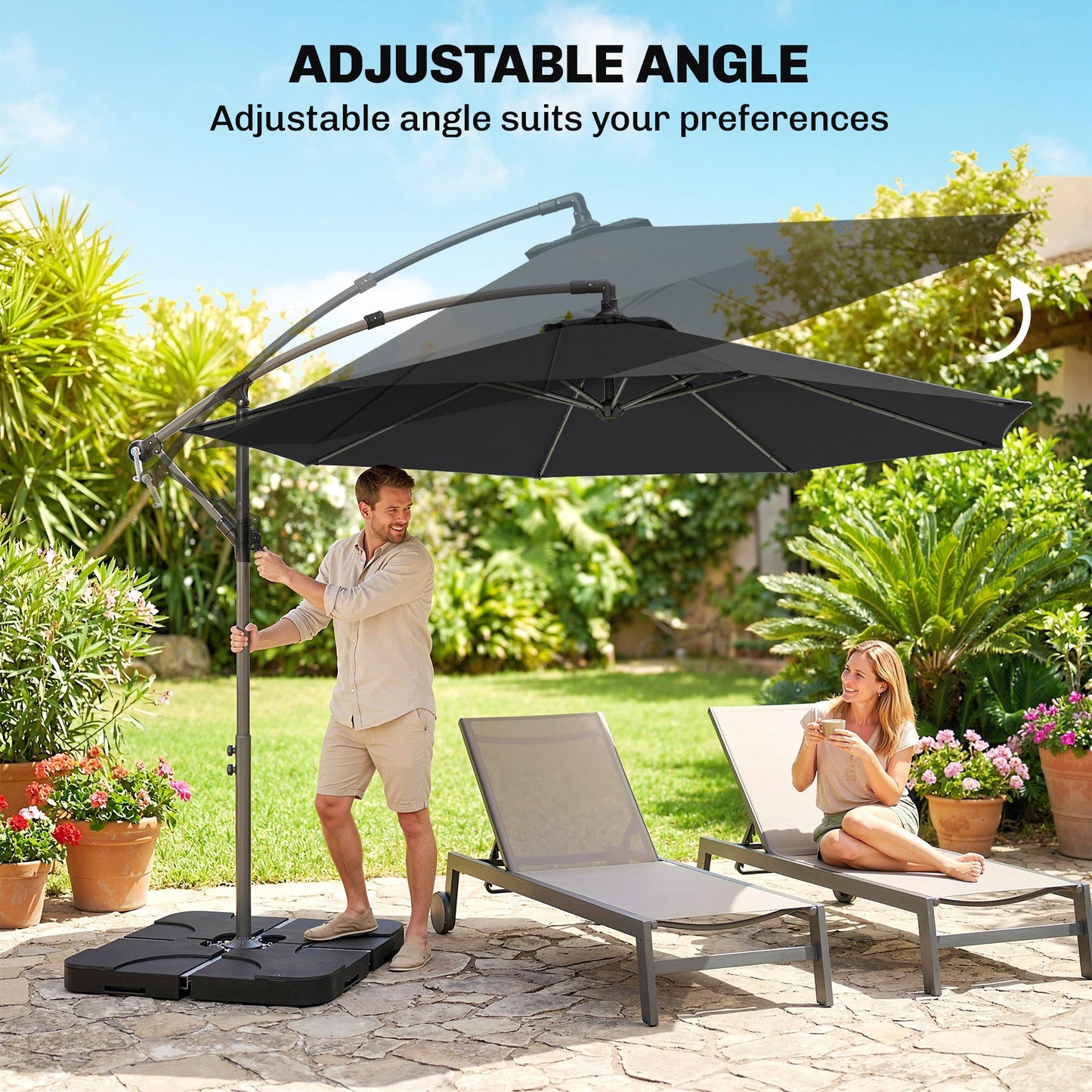 Outsunny 3m Overhanging Parasol, with Base, Weights and Cover - Black