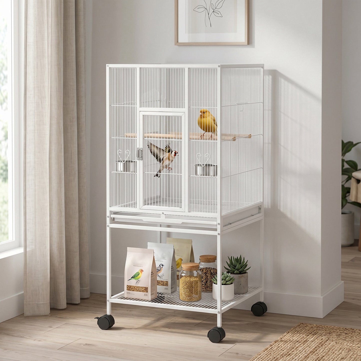 PawHut Bird Cage Detachable with Rolling Stand Parrot Cage with Storage Shelf White