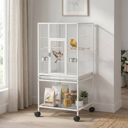 PawHut Bird Cage Detachable with Rolling Stand Parrot Cage with Storage Shelf White