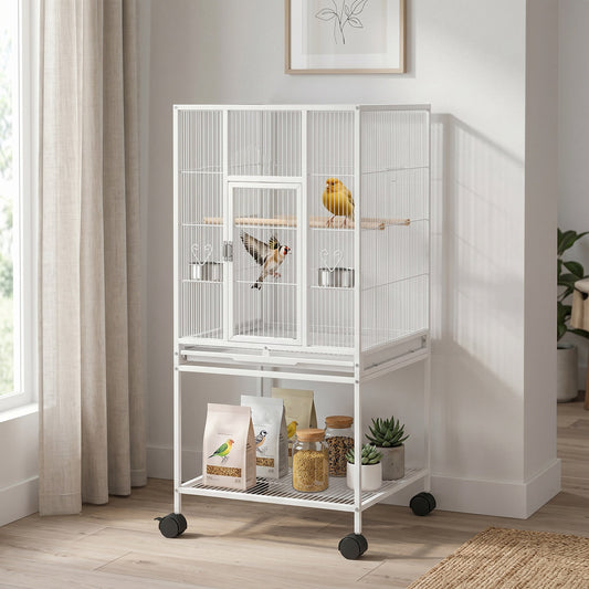 PawHut Bird Cage Detachable with Rolling Stand Parrot Cage with Storage Shelf White