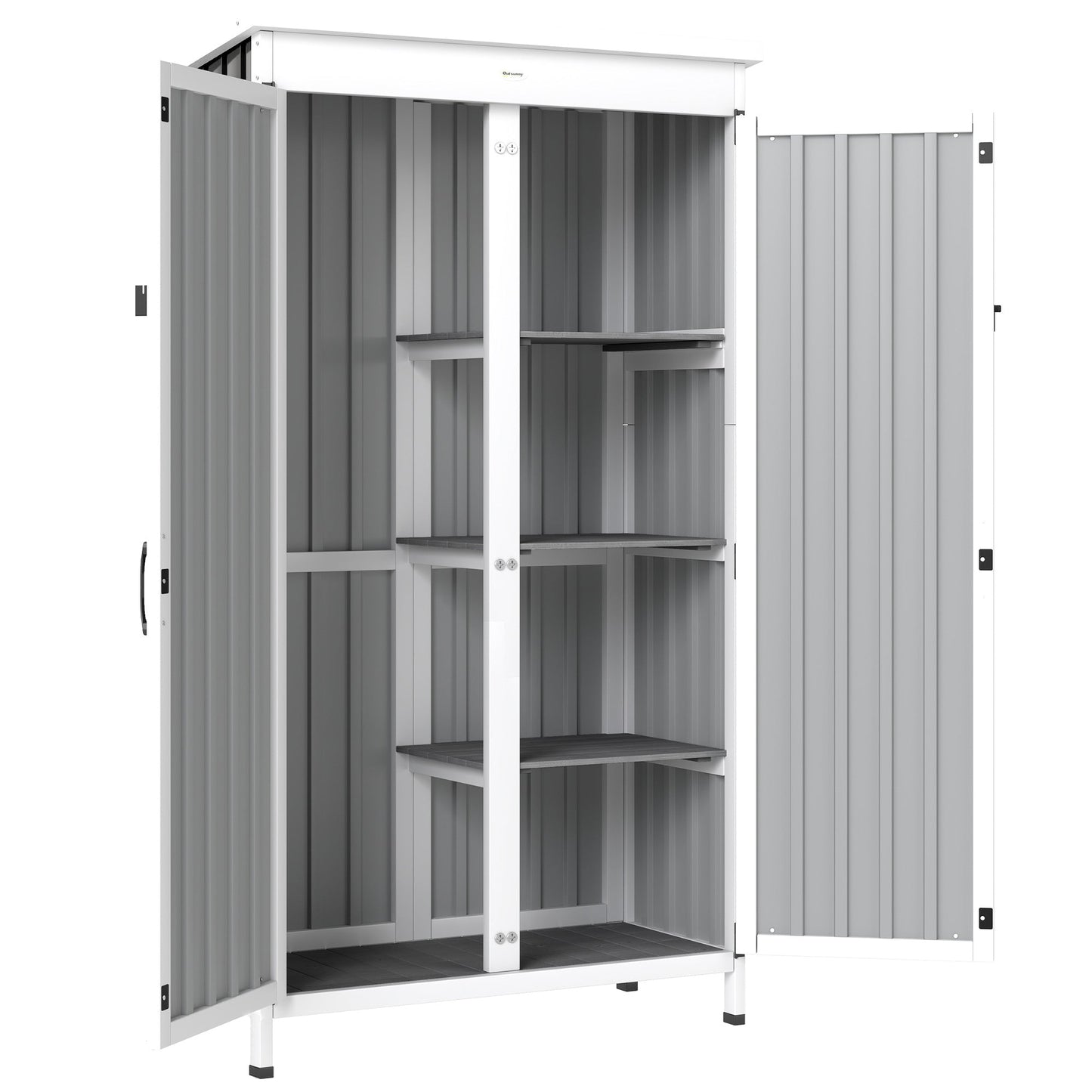 Outsunny Outdoor Storage Cabinet with Removable Shelves, Garden Tool Shed with Asphalt Roof, White and Black