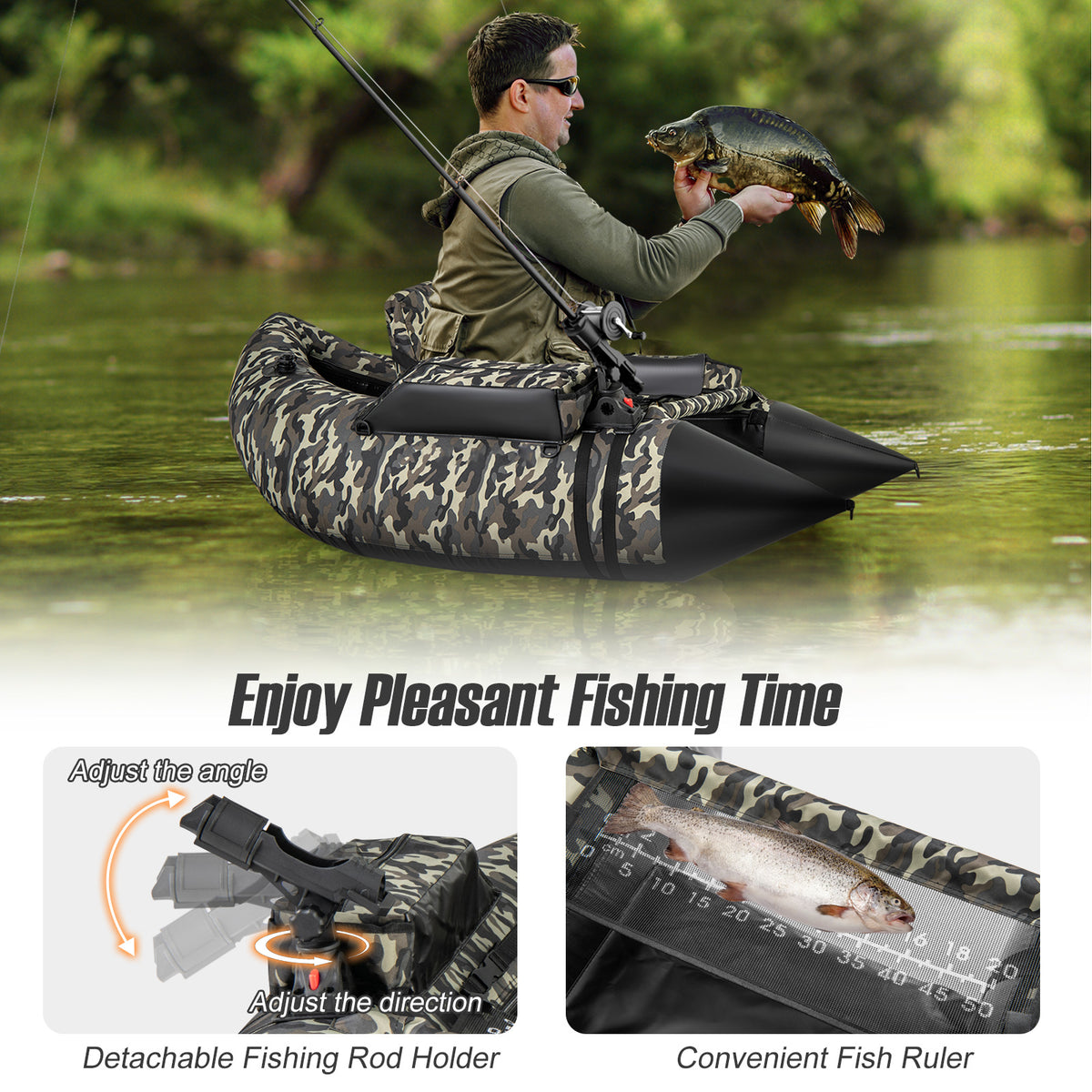 V-Shaped Fishing Float Tube with Rod Holder-Camouflage