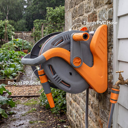 Outsunny Portable Garden Hose Reel, 20+2 m Wall Mounted Hose Reel with 2 Patterns Spray Nozzle and Crank Handle, Orange