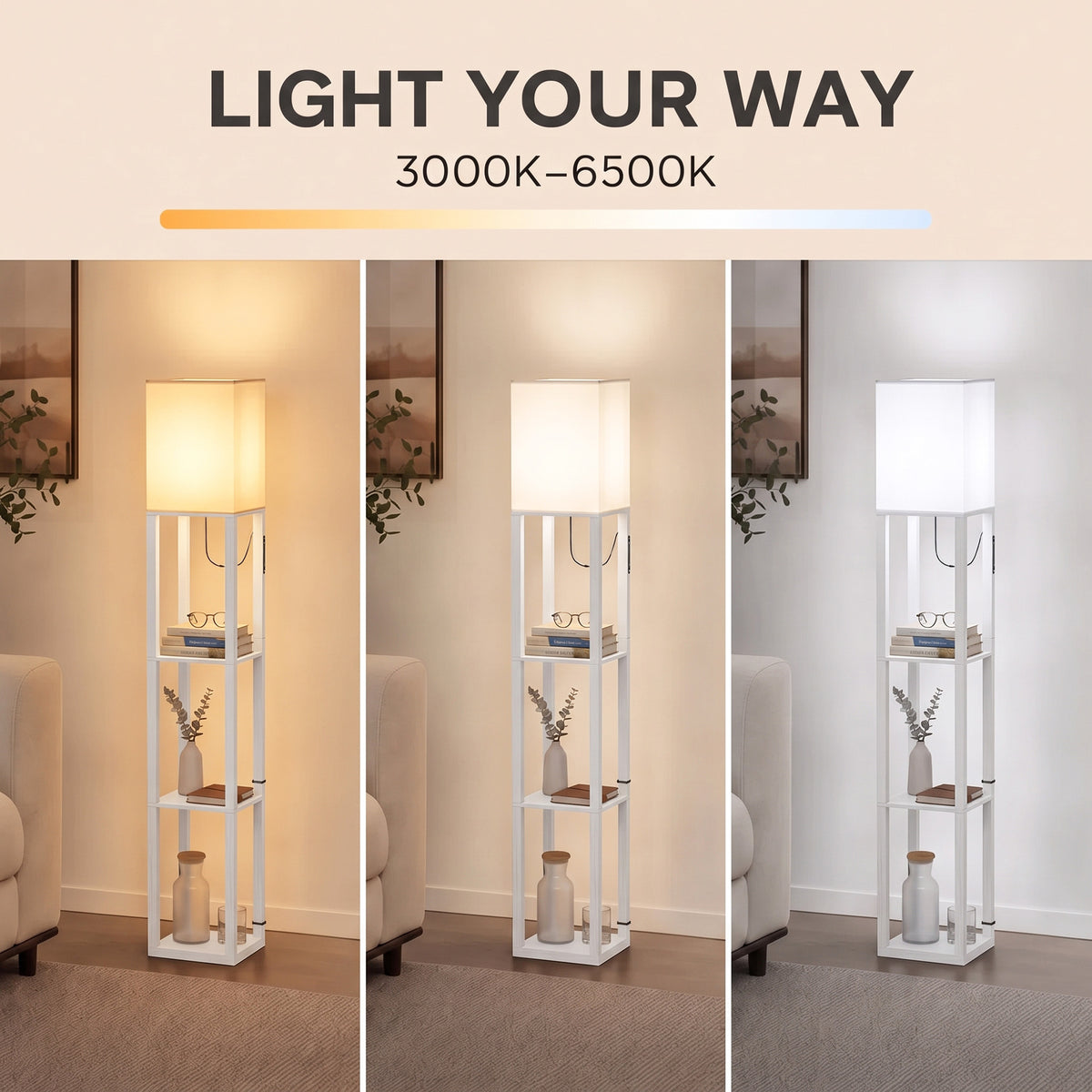 HOMCOM Floor Lamp with Shelves, Modern Dimmable Standing Lamp with Fabric Lampshade, Adjustable Colour Temperature, White