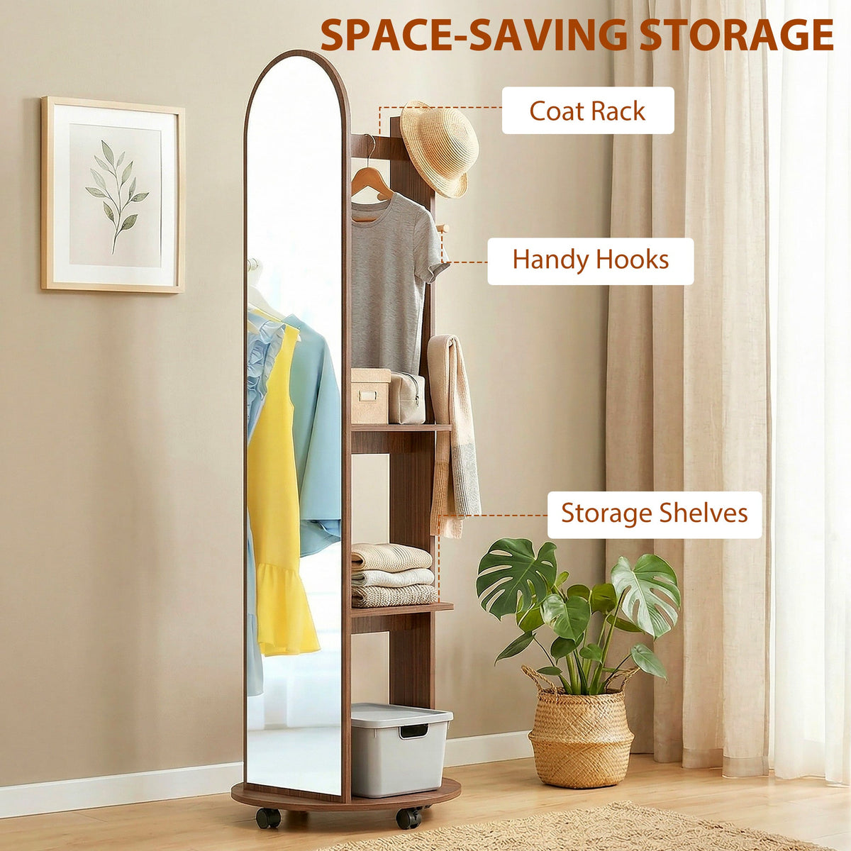 HOMCOM 2-in-1 Full Length Mirror with Storage Shelves, Floor Mirror with 4 Wheels, Coat Rack, Hooks, Brown Wood Effect
