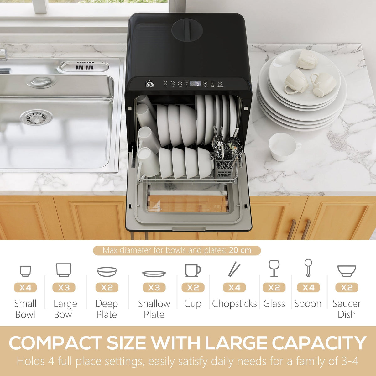 HOMCOM 6L Five-Mode Tabletop Dishwasher - Black