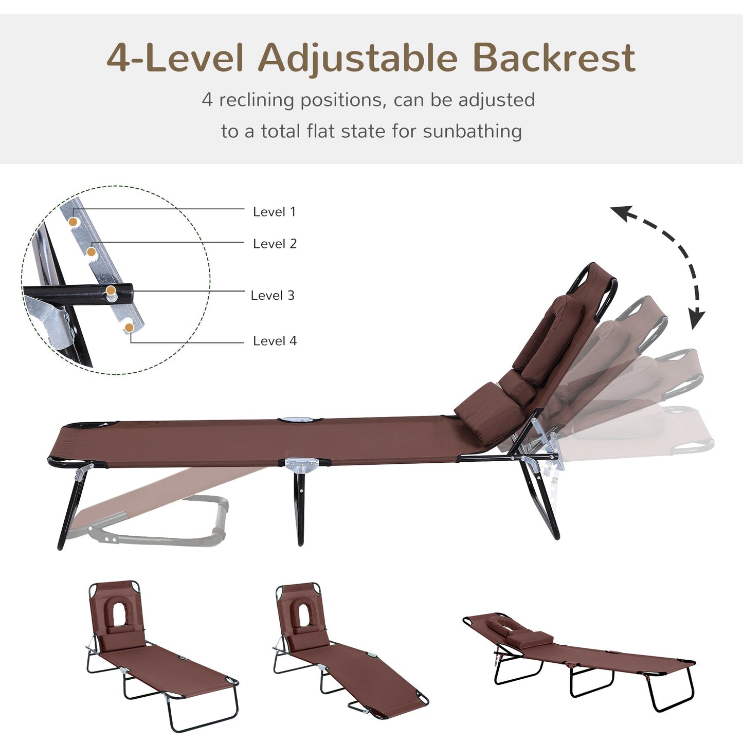 Outsunny Outdoor Folding Sun Lounger with Face Hole, 4 Level Adjustable Backrest Reclining Garden Lounger, Garden Recliner Sunbed with 600 D Oxford Cloth Seat and Pillow for Beach, Brown