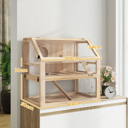 PawHut Wooden Hamster Cage with Detachable 31cm Deep Bottom, Hut, Seesaw, Exercise Wheel, Ramp, 80 x 50 x 76cm, Natural