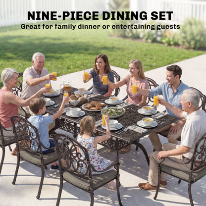 Outsunny 9 Piece Cast Aluminium Garden Dining Set, Garden Table and Chairs Set with Cushions, Parasol Hole for Patio, Bronze Tone