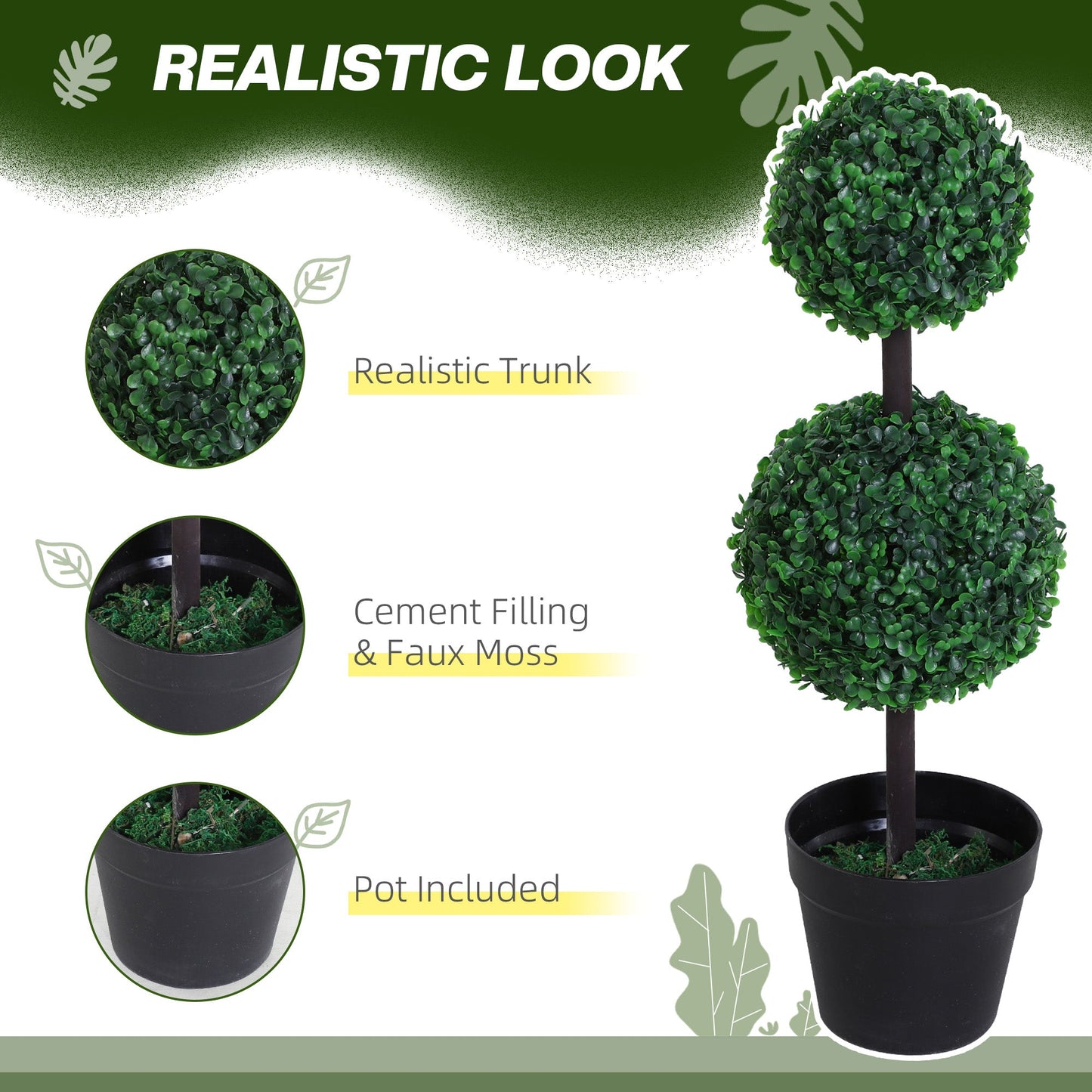 Outsunny Set of 2 Artificial Boxwood Ball Topiary Trees Potted Decorative Plant Indoor Décor (67cm)