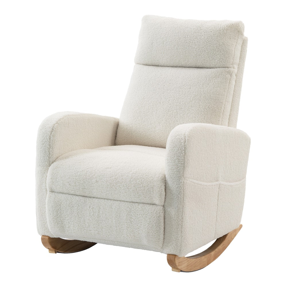 HOMCOM Sherpa Fleece Upholstered Armchair with Side Pockets & Solid Wood Legs, High Back Lounge Chair for Bedroom, Cream White