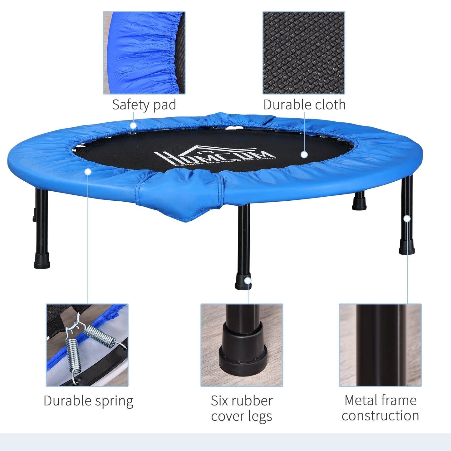 HOMCOM a101 Mini Fitness Trampoline Home Gym Yoga Exercise Rebounder Indoor Outdoor Jumper with Safety Pad, Support Up to 100 KG, Blue and Black