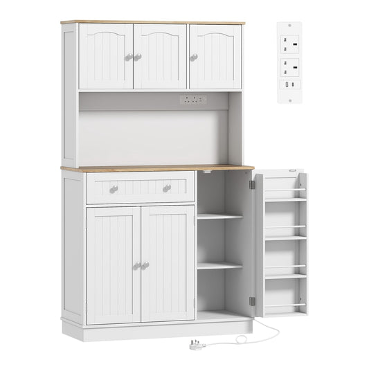HOMCOM 173 cm Tall Kitchen Cupboard with Charging Station in White