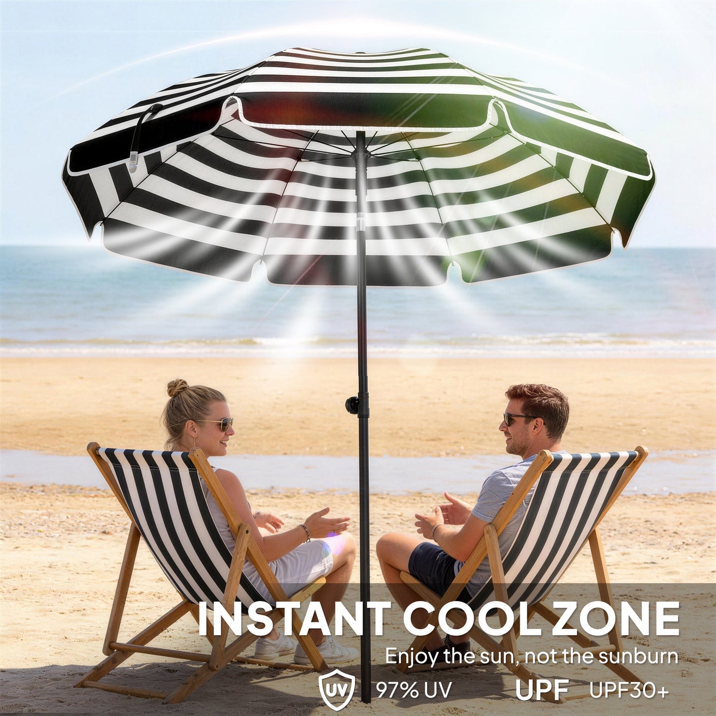 Outsunny 1.8 m Beach Umbrella Parasol with Sand Anchor, Portable 30° Tilting Patio Sun Shade with Adjustable Height, Grey/White