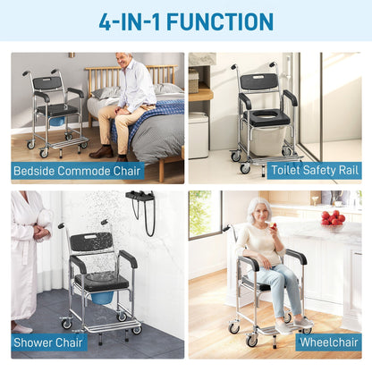 HOMCOM Transport Beside Shower Chair, 3-in-1 Commode Chair with Wheels and Padded Seat, Black