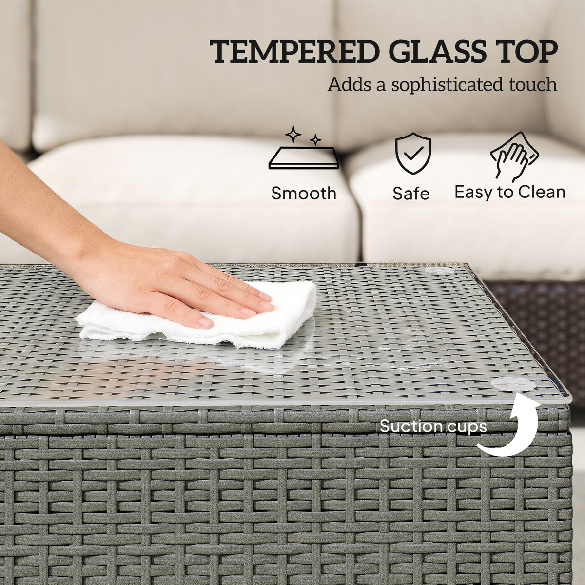 Outsunny Rattan Garden Coffee Table with Glass Top in Light Grey