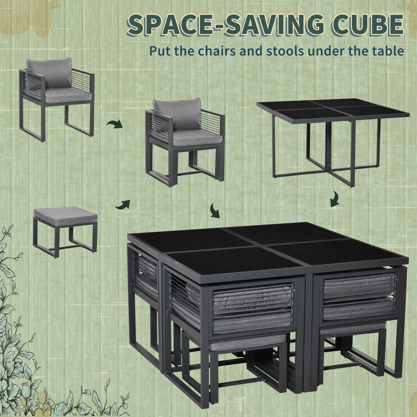 Outsunny Nine-Piece Aluminium Garden Set, with Glass-Top Table - Grey
